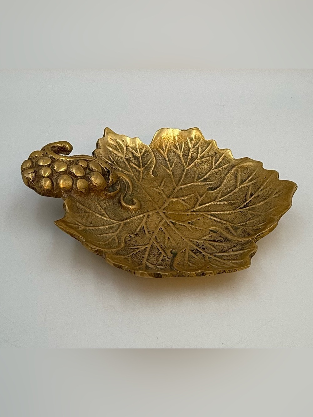 Vintage Brass Grape Leaf Trinket Dish with Patina